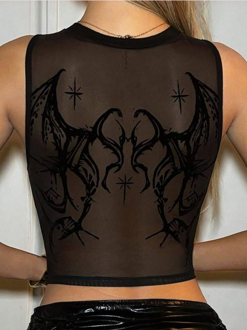 SHEIN Black Crop Tank Top with Sheer Mesh Back ft. Bat Wing Design (Large)